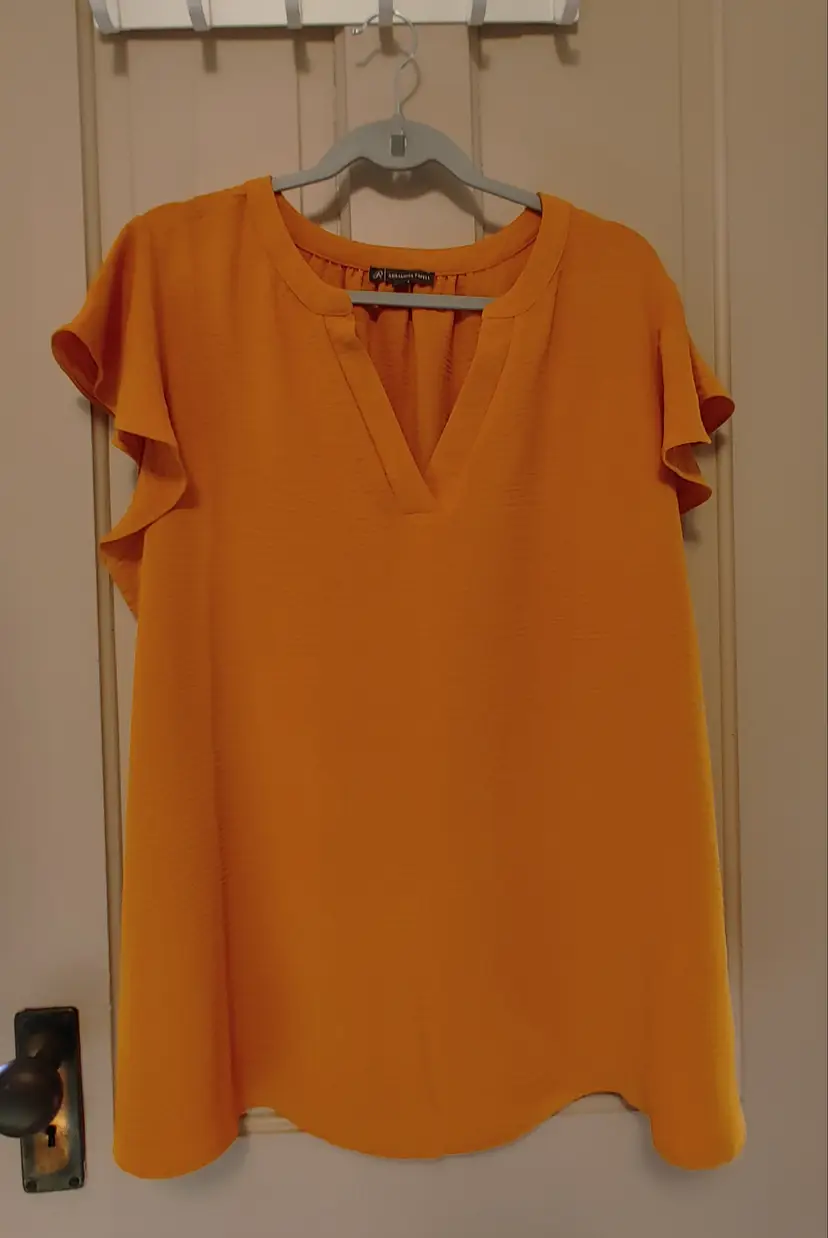 Top- Brand Adrianna Papell. Size 1X. 100% polyester. Ruffle sleeve pumpkin gold colored top. No callouts.
