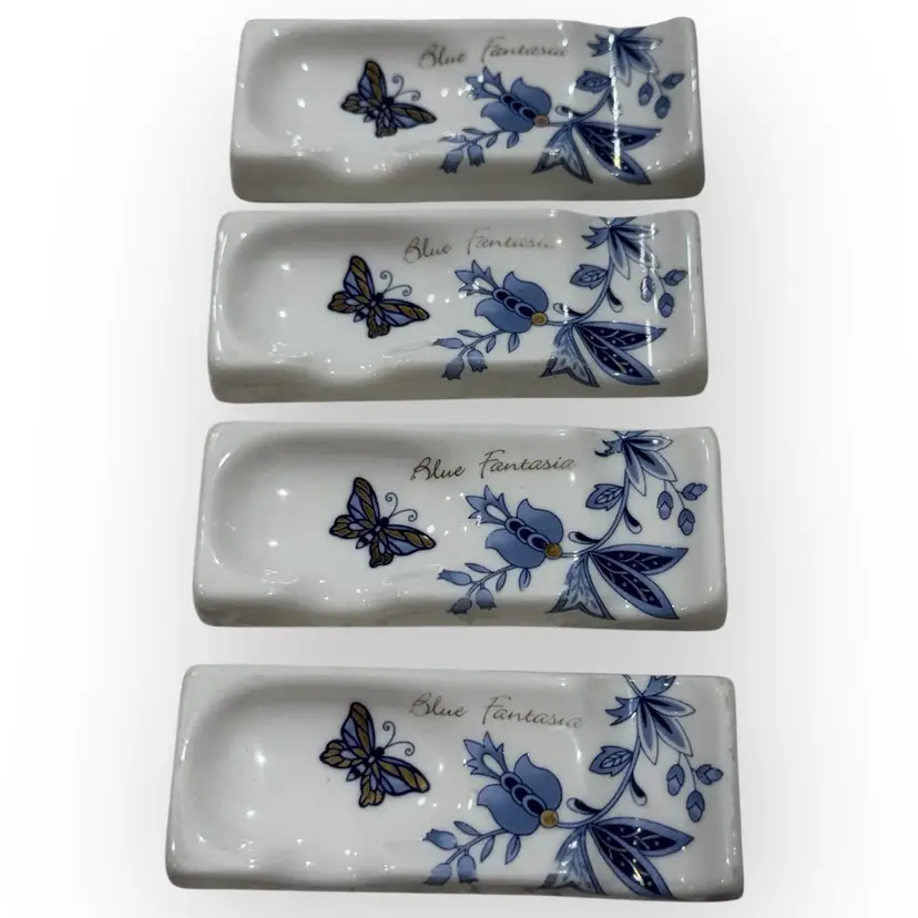 Set Of 4 Porcelain Chopstick Rests With Condiment Holder