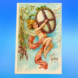 #22 Antique “Easter Greeting” Angel Holding Giant Flower Decorated Egg Embossed Easter Postcard, Posted