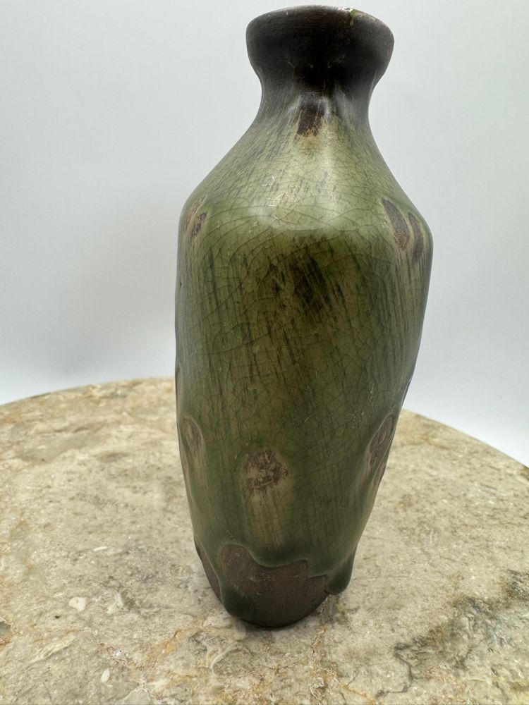 Vintage Green Pottery Vase Natural Crazing *Fantastic Drip Glaze With Pattern” Green & Brown