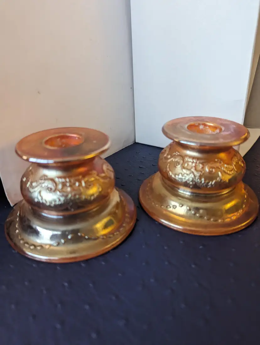 Vintage Federal Glass Marigold Iridescent Carnival Madrid Candlestick Depression Glass Pair