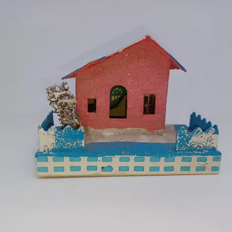 Vintage Small Cardboard Sugar Glitter House Christmas Tree Ornament, Putz Pink 1950s