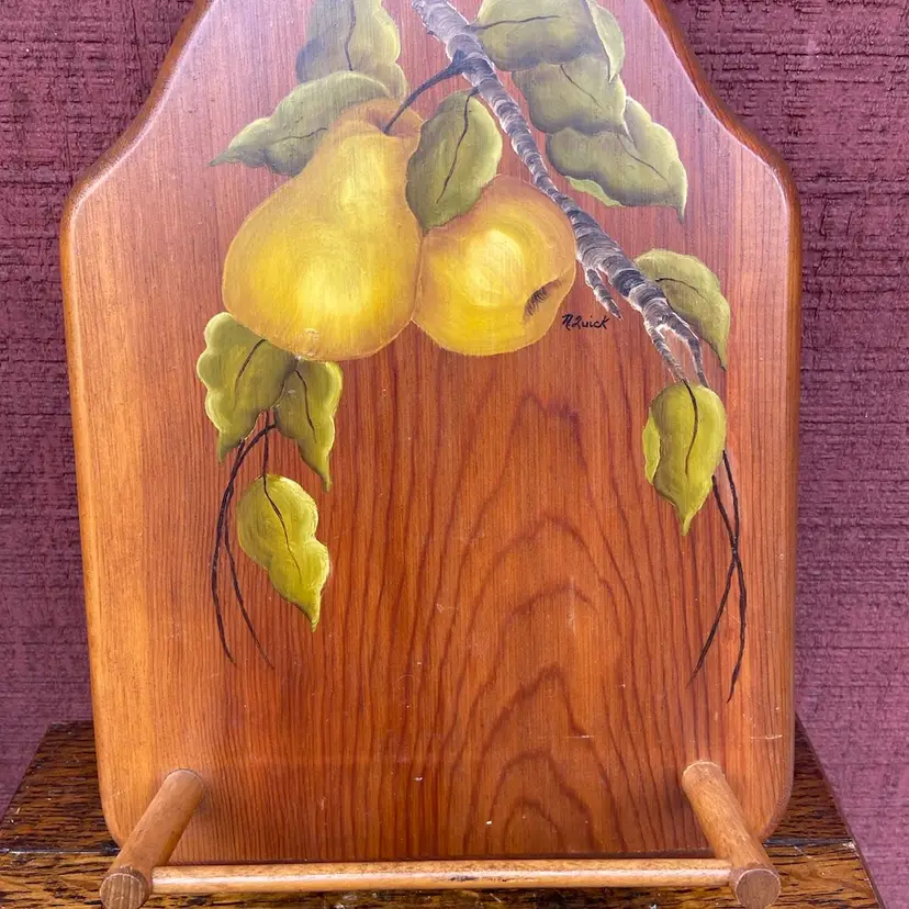 Hand-painted, Artist-signed, Wooden Hanging Towel Holder. Pears and Leaves On A Branch. Hanger In Back.