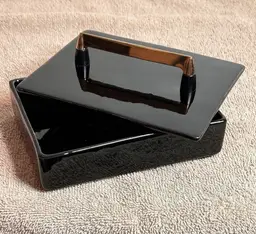 Vtg Royal Haeger Ceramic Cigarette Box - Case Lidded Trinket Box High Gloss Black Gold Tone Handle