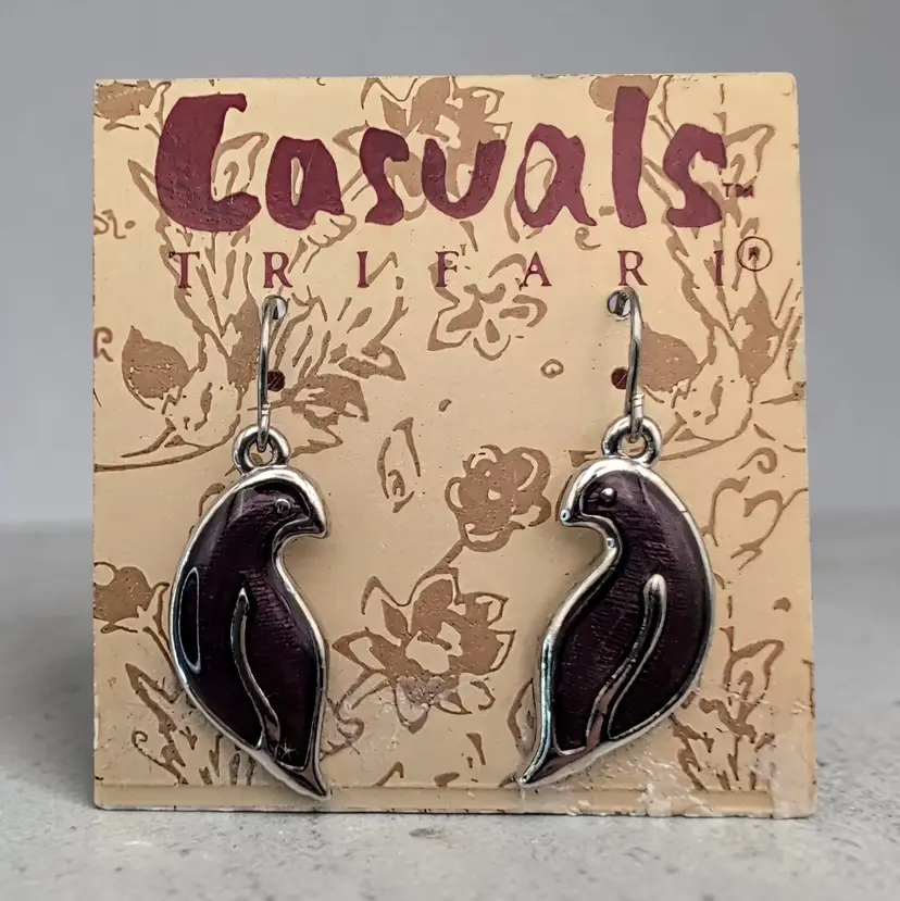Trifari Casuals Plum Enamel on Metal Birds Partridge Drop Hook Pierced Earrings