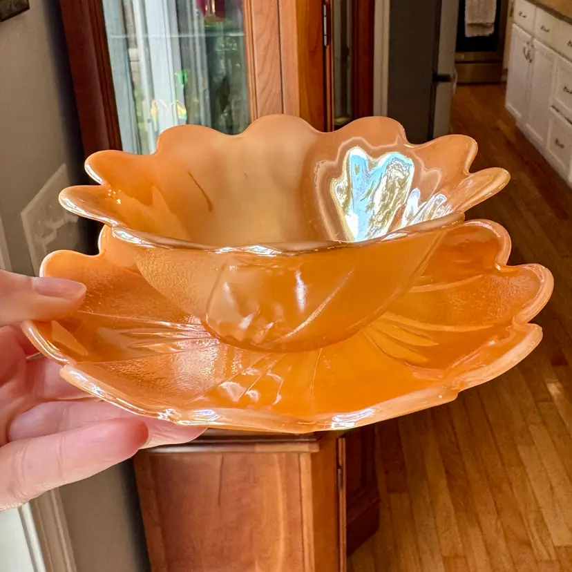Fire King Peach Luster “Lotus” Dish & Saucer Set
