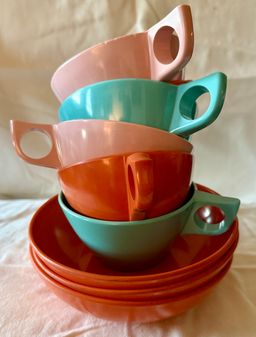 Texas Ware Melamine Aztec Melmac Turquoise Pink Orange 6 Cups 3 Bowls
