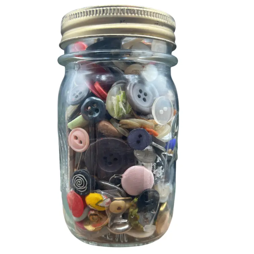 #183A Pint Size Jar With Jeanette Mason Glass Seal Full Of Vintage Buttons. Plastic, Shell And Metal