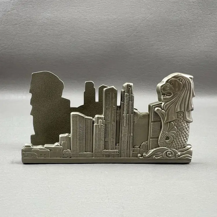 Singapore Skyline Merlion Pewter Business Card Holder Lion Mermaid Royal Selangor 3.5x2"