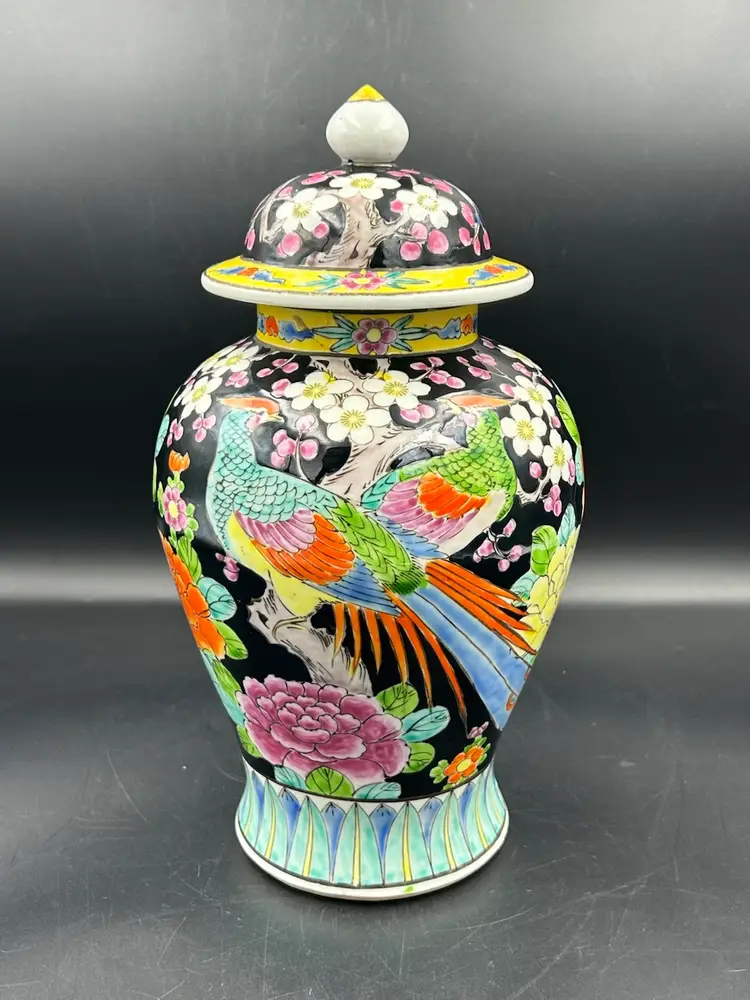 Vintage Japanese Famille Noir black, large porcelain urn/ginger jar, birds and flowers