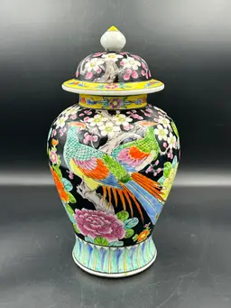 Vintage Japanese Famille Noir black, large porcelain urn/ginger jar, birds and flowers