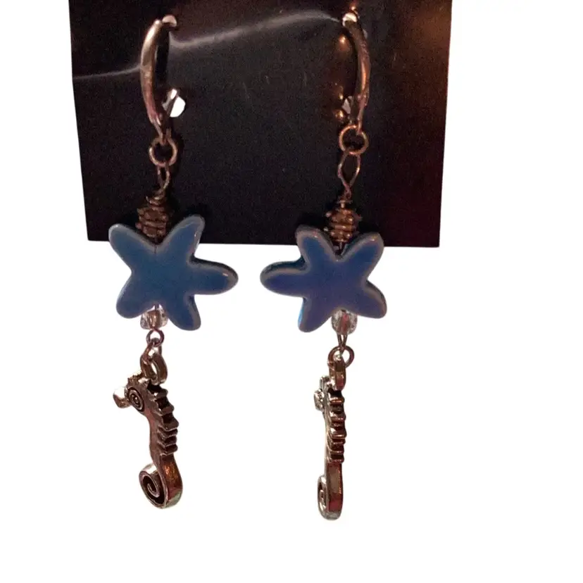 Handmade 925 sterling hoops, seahorse and blue charm handmade by me