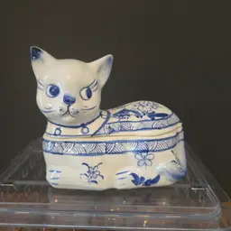 Cat Lidded Trinket Box Floral Blue & White Ceramic - 5" X 4.75"