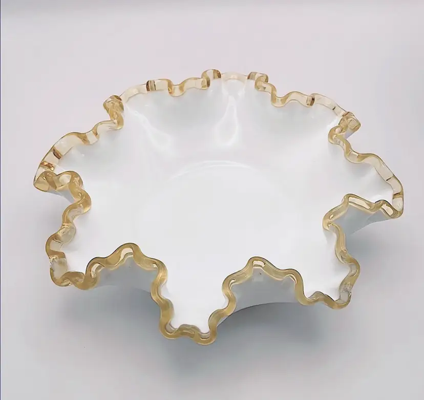 Vintage Fenton, Amber/Gold Crest, Milk Glass Dish, Ruffle/Crimp Edge, 8”