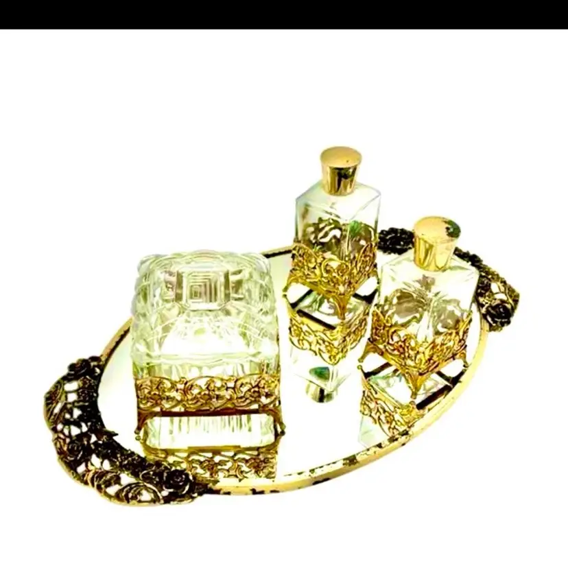 Vanity Set - Vintage Gold-Tone Vanity Set w Mirrored Tray, Two Perfume Bottles, and Lidded Dresser Box