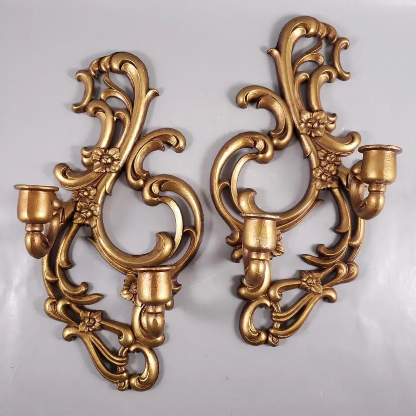 Vintage SEXTON French Style Gold Metal DOUBLE CANDLE Holders WALL SCONCES SET