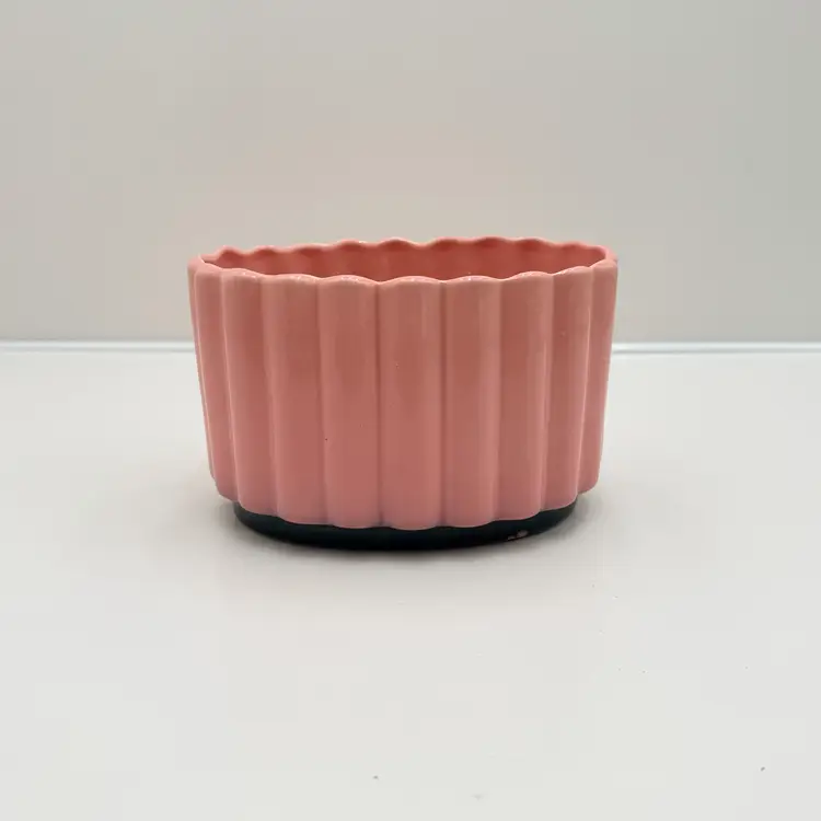Mid Century Pink And Black Scalloped Ceramic Planter