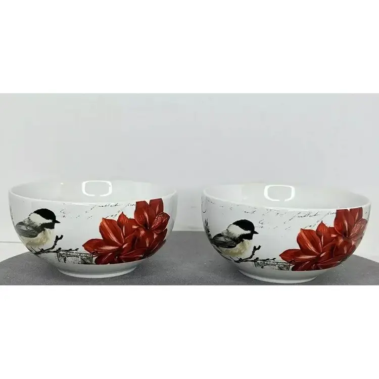 222 Fifth Winter Cheer Christmas Bird Cereal/Soup Bowls Lot/2
