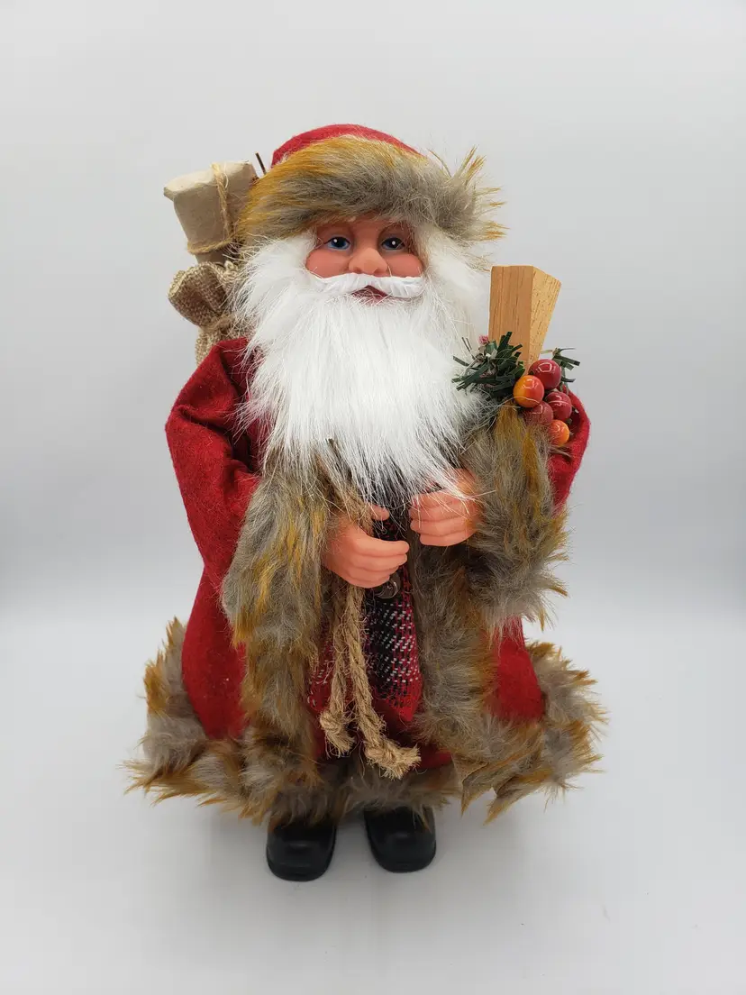 Traditional Santa Figurine 12" Vintage Burlap & Plaid St Nick Gift Sack Lifelike. Classic Santa.