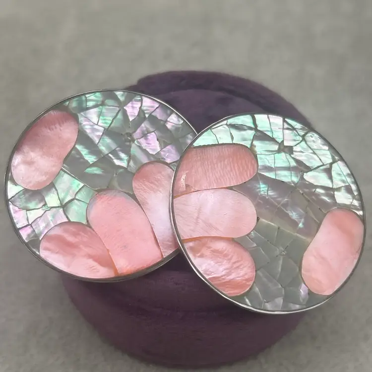 Vintage 1980s Abalone Shell Mosaic Disc Earrings Pink Mother of Pearl Statement Studs