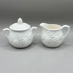 Enesco Ceramic Creamer And Sugar Grapes And Leaves Embossed Design Japan