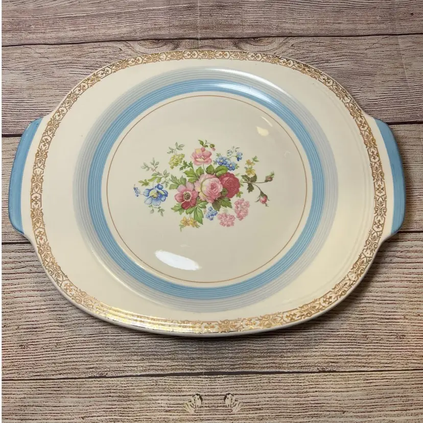 VTG Limoges Platter Triumph Limoges Rose USA Gold Trim 14x11” Pale Blue Trim