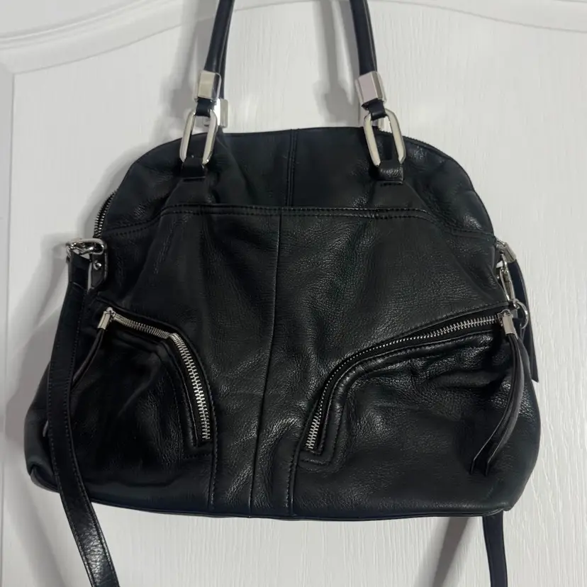 B. Makowsky Black Leather Shoulder Bag with Silver Hardware