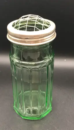 Vintage Depression Glass Green Flower Vase With Metal Wire Frog Lid
