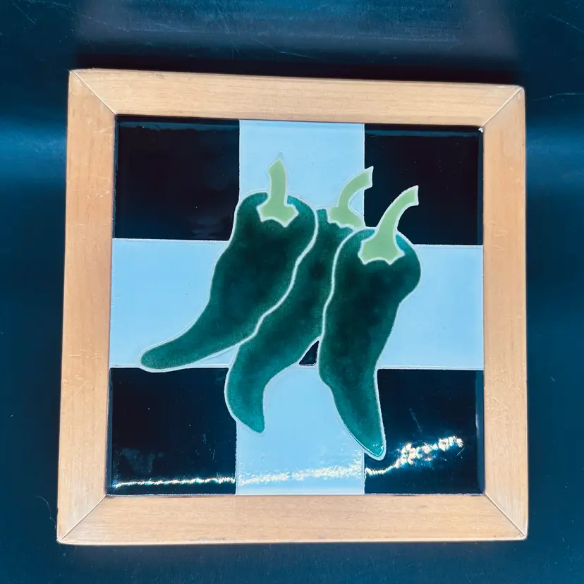 42. VTG Peggy Karr fused glass tile featuring three green chili peppers.