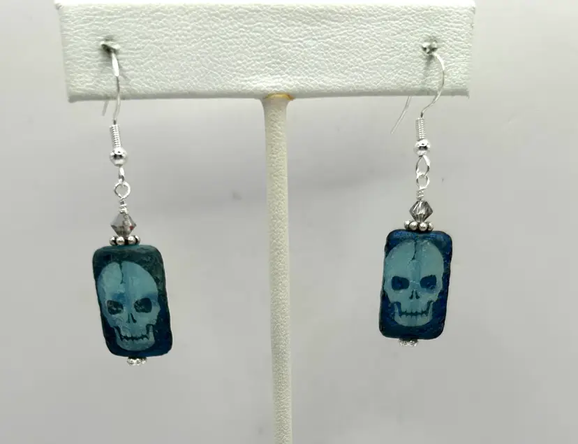Silver Tone Laser Tattoo Blue Czech Glass Earrings With Swarovski Crystal Accent 2” Long