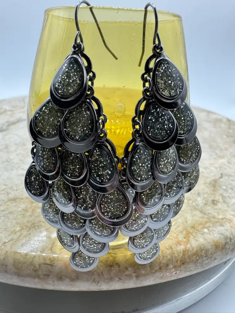 Premier Design Gunmetal Grey Glitter Sparkle Chandelier Fish Hook Dangle Earrings - UV Glow