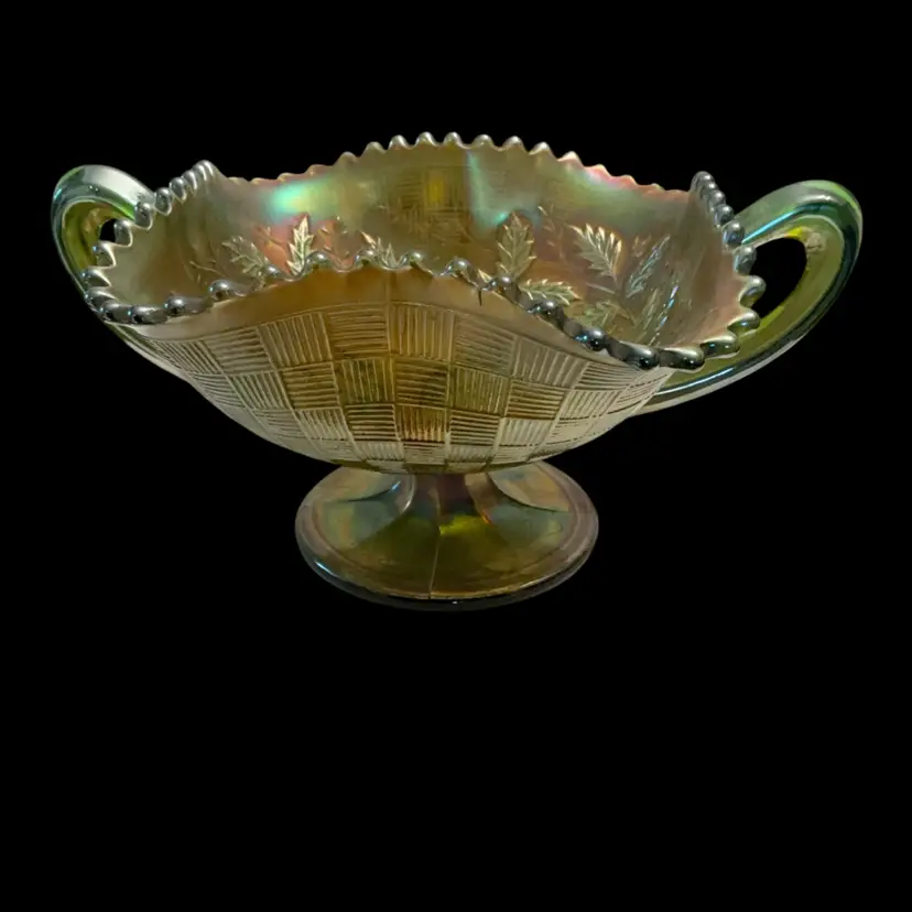 Northwood Green Carnival Glass Fruits & Flowers Pedestal 2-Handled Bonbon Dish 4” x 7.5”