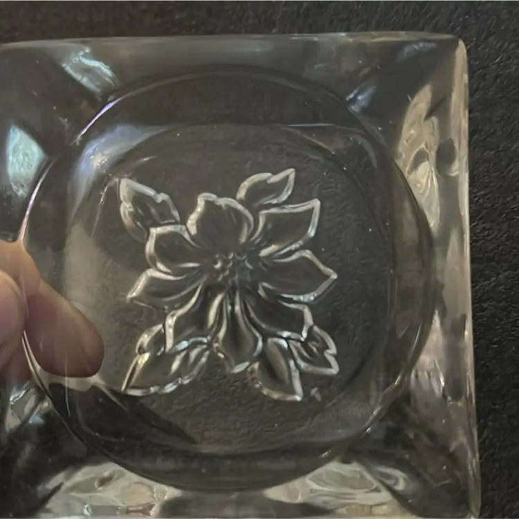 Vintage Small Square Poinsettia Glass Ashtray Clear Glass