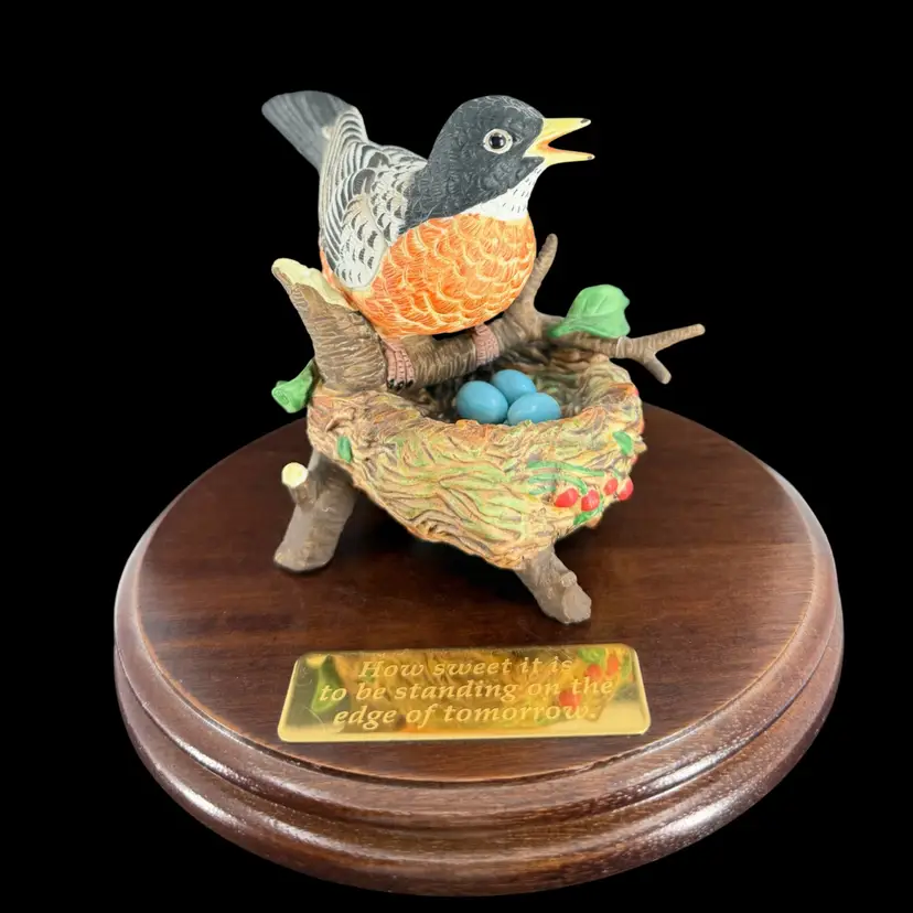 Vintage Crystal Cathedral Ministries Figurine American Robin Bird Nest Blue Eggs Wood Stand
4” T x 4.25” L x 3” W