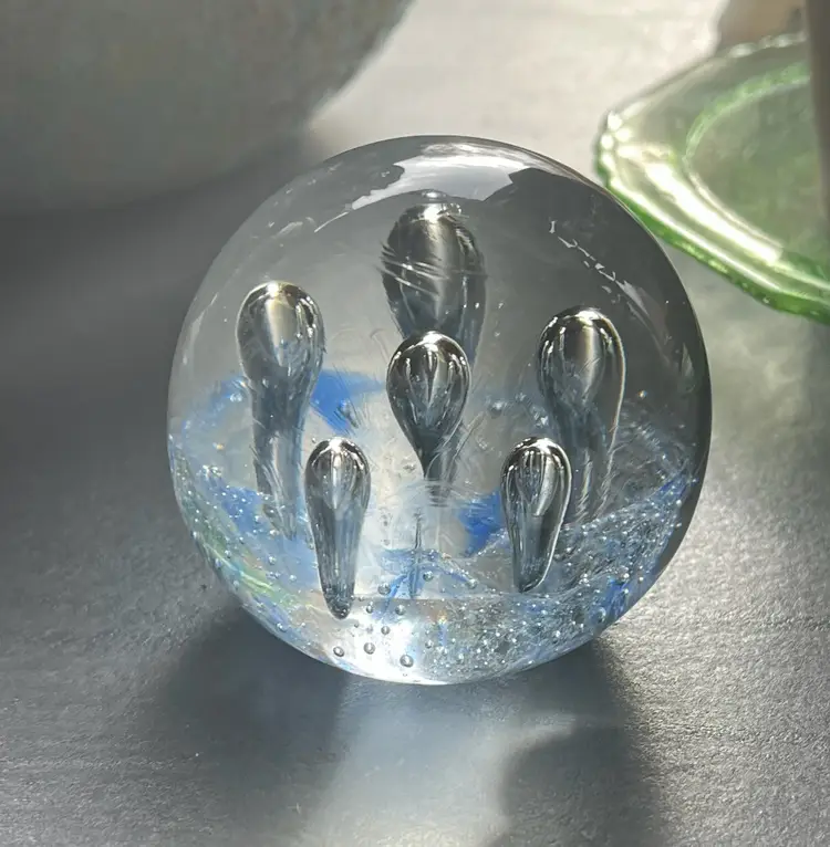 Clear Glass Paperweight with Light Blue 2x2 1/2 inch