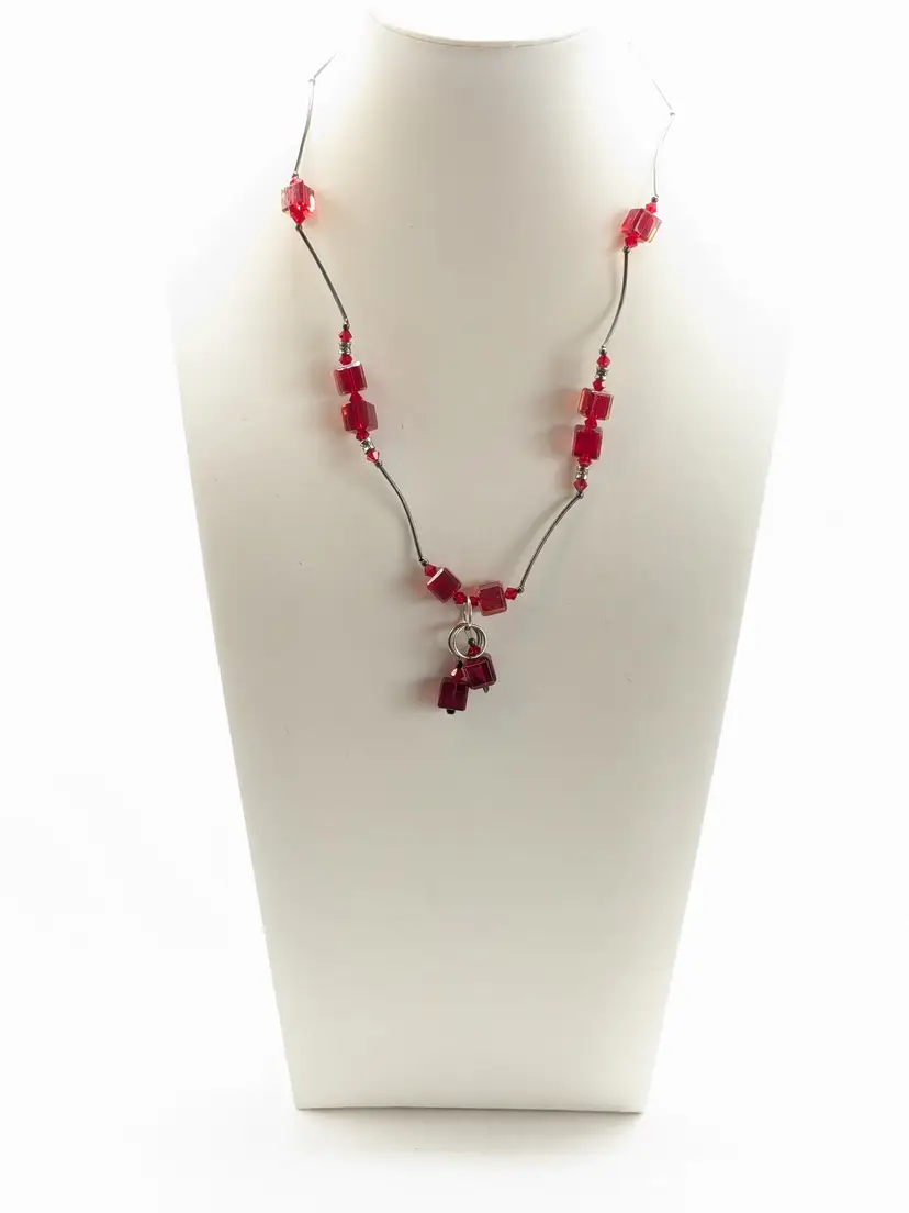 Vintage Silver Tone Red Cube Glass Necklace
