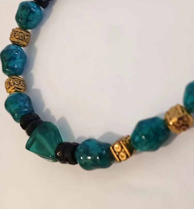 Teal & Black Lampwork & Glass Beaded 19" Handmade Necklace