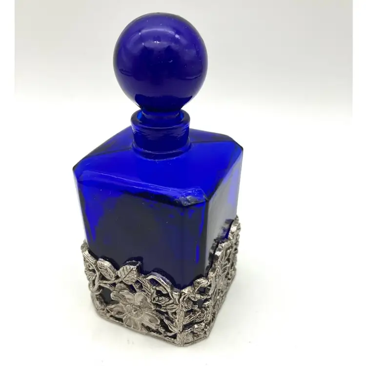 BIN - Cobalt Glass And Pewter Perfume Bottle With Ground Glass Stopper 4.5”