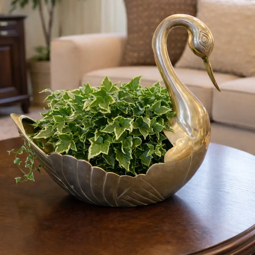 Large MCM Brass Swan Planter 10.5” Tall