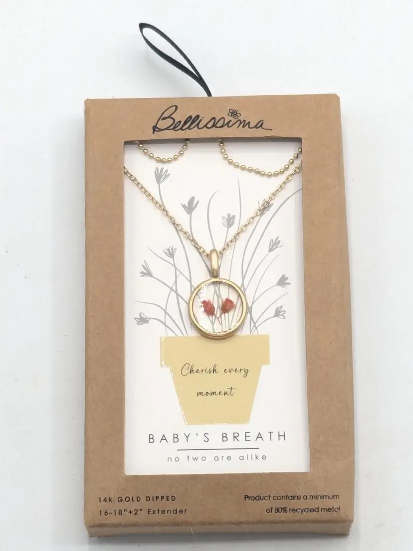Bellisima Baby's Breath Pendant Necklace 14K Gold Dipped with Box