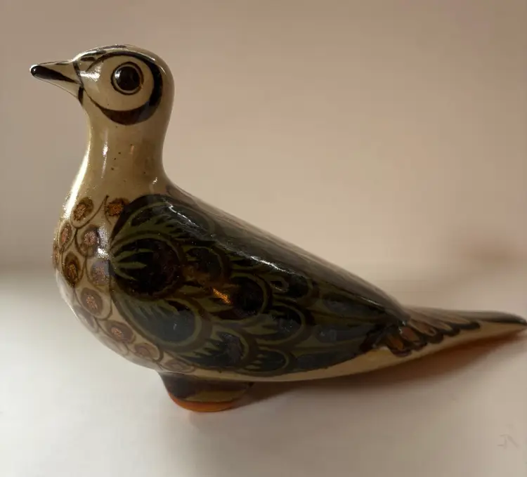 Tonala Mexican Pottery Bird By Carlos Villanueva 9” X 4” Signed By Artist