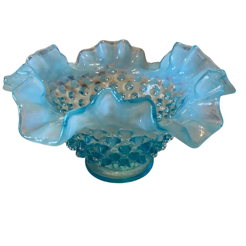 FENTON Vintage Blue Opalescent Hobnail Bowl With Ruffled Crimped Edge 6.5"x4