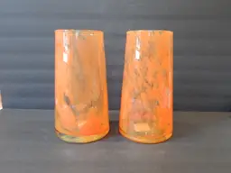 VINTAGE Pair of Libbey Handmade Glass Orange Cloud Swirl Vases - 1980s - 8.75"