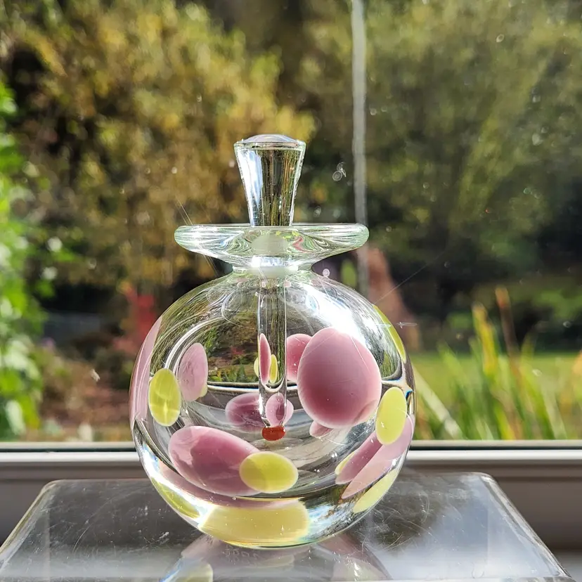 Art Glass Perfume Bottle w Pink Polka Dots Confetti by Kevin Rogers Studio w Signed & Dated 2002 OOAK
