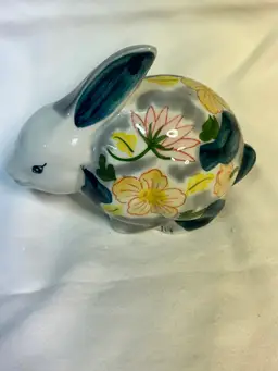 Beautiful Vintage Handpainted Ceramic Bunny Rabbit - Dark Blue & Pink Floral