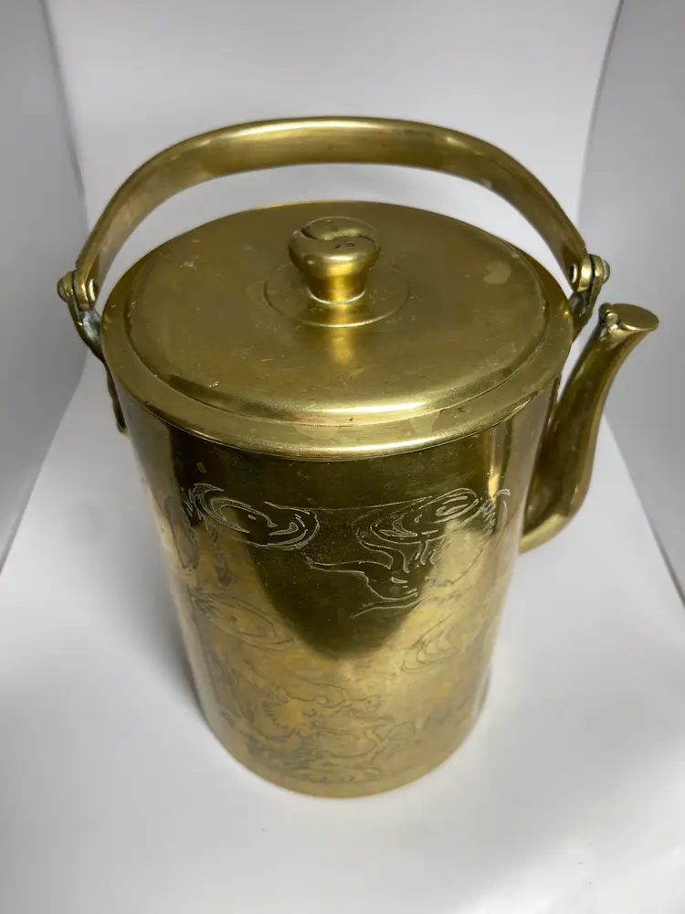 Antique Brass Chinese Watering Pitcher Adorned w/ Dragons, 10.5" Tall