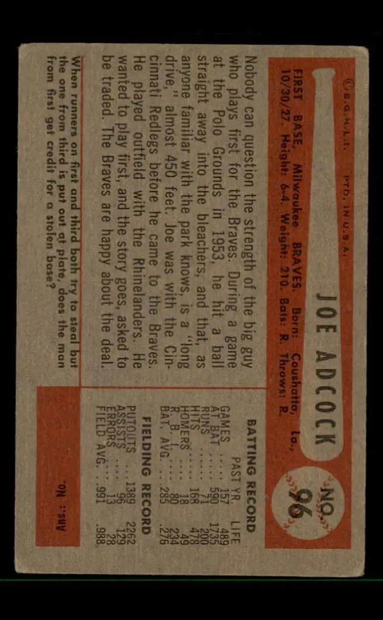 1954 Bowman #96 Joe Adcock - (pk-tl3) - Milwaukee Braves