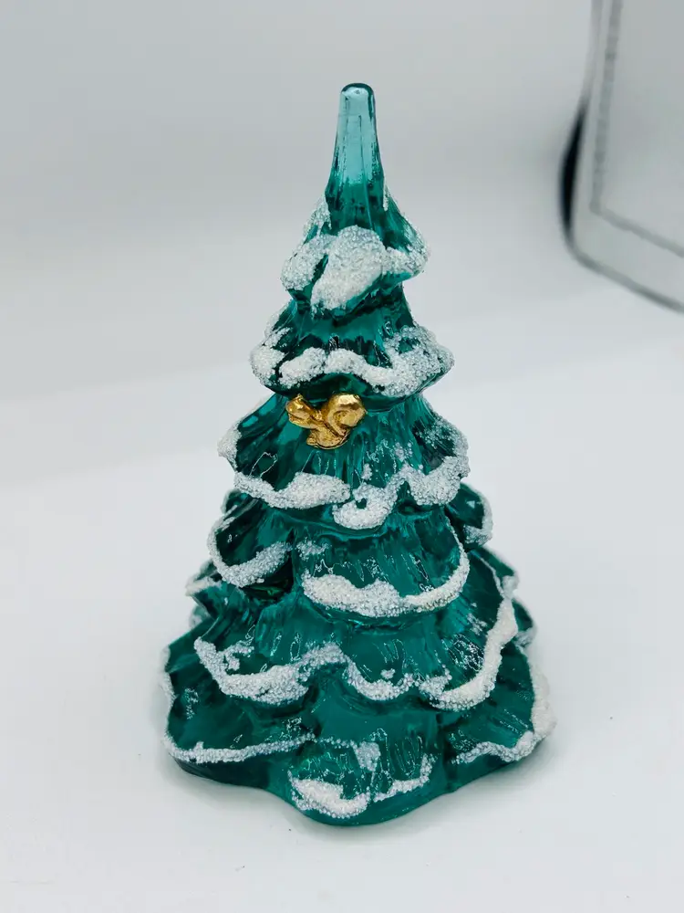 FENTON Art Glass Green Iridescent Flocked Tree w Gold Tone Dove 5”