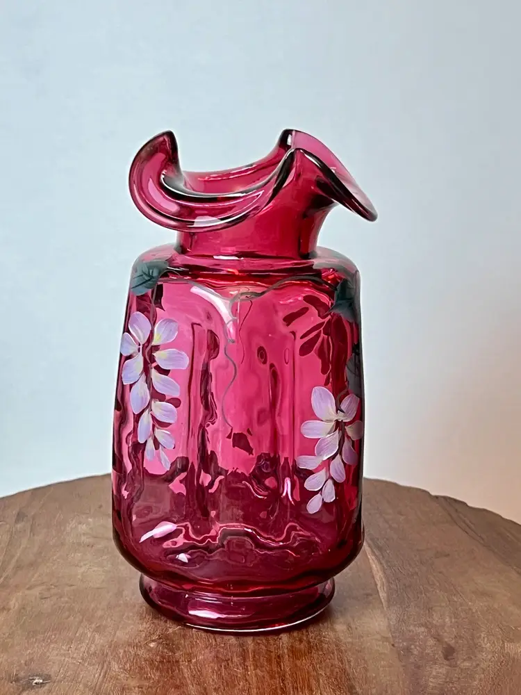Fenton Optic Dot Cranberry Hand Painted Pinch Vase