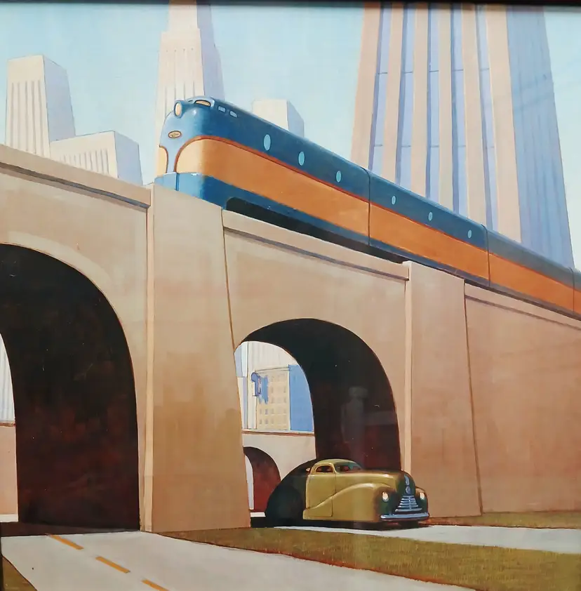 Vintage Art Deco Train and Car Print